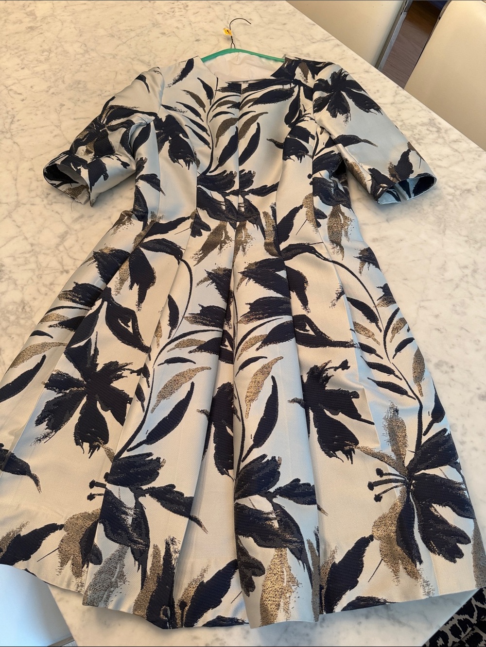 Teri Jon Ivory Midi Dress with Black Floral and Gold Accents